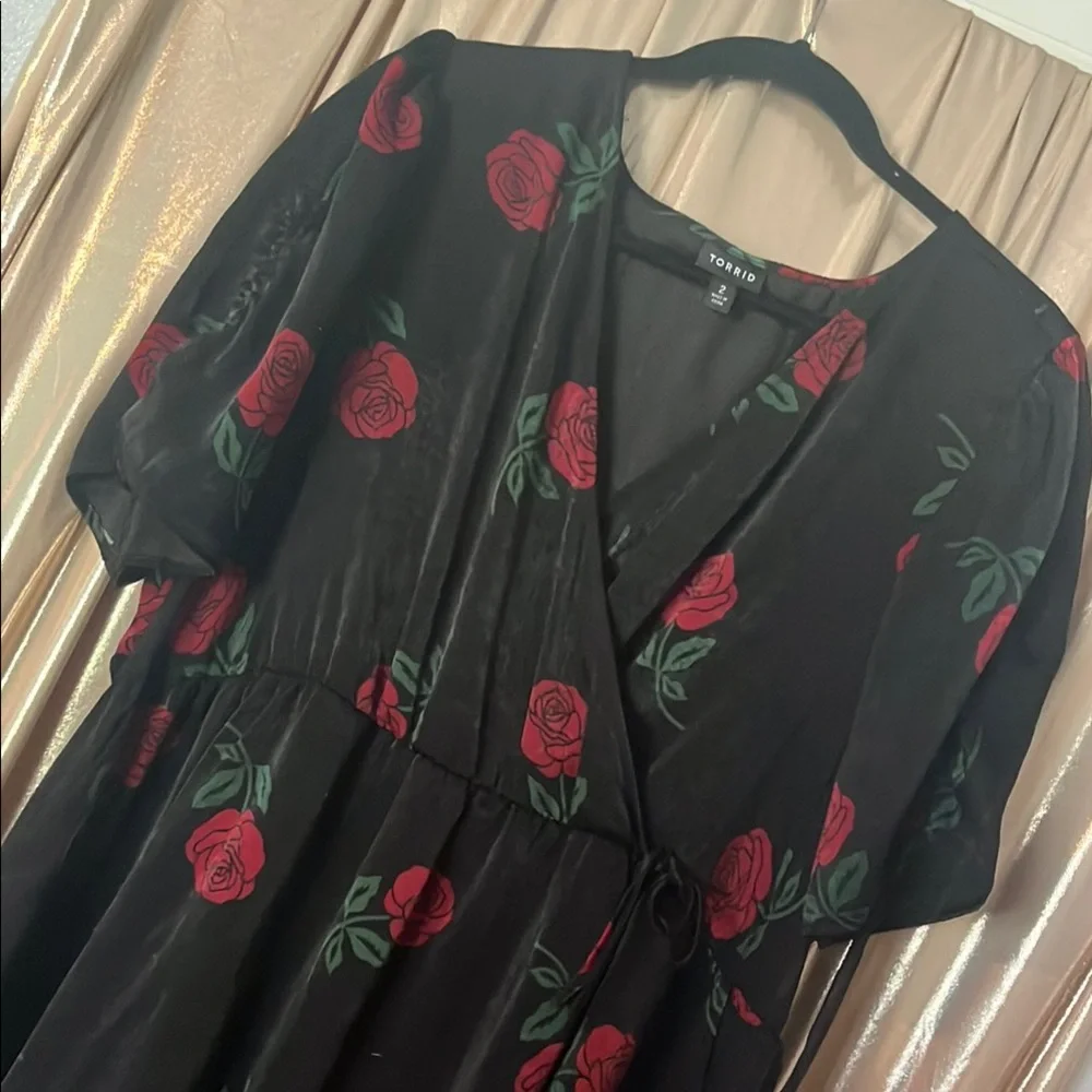 torrid Black Floral Wrap Midi Dress with Red Roses - Picture 2 of 2